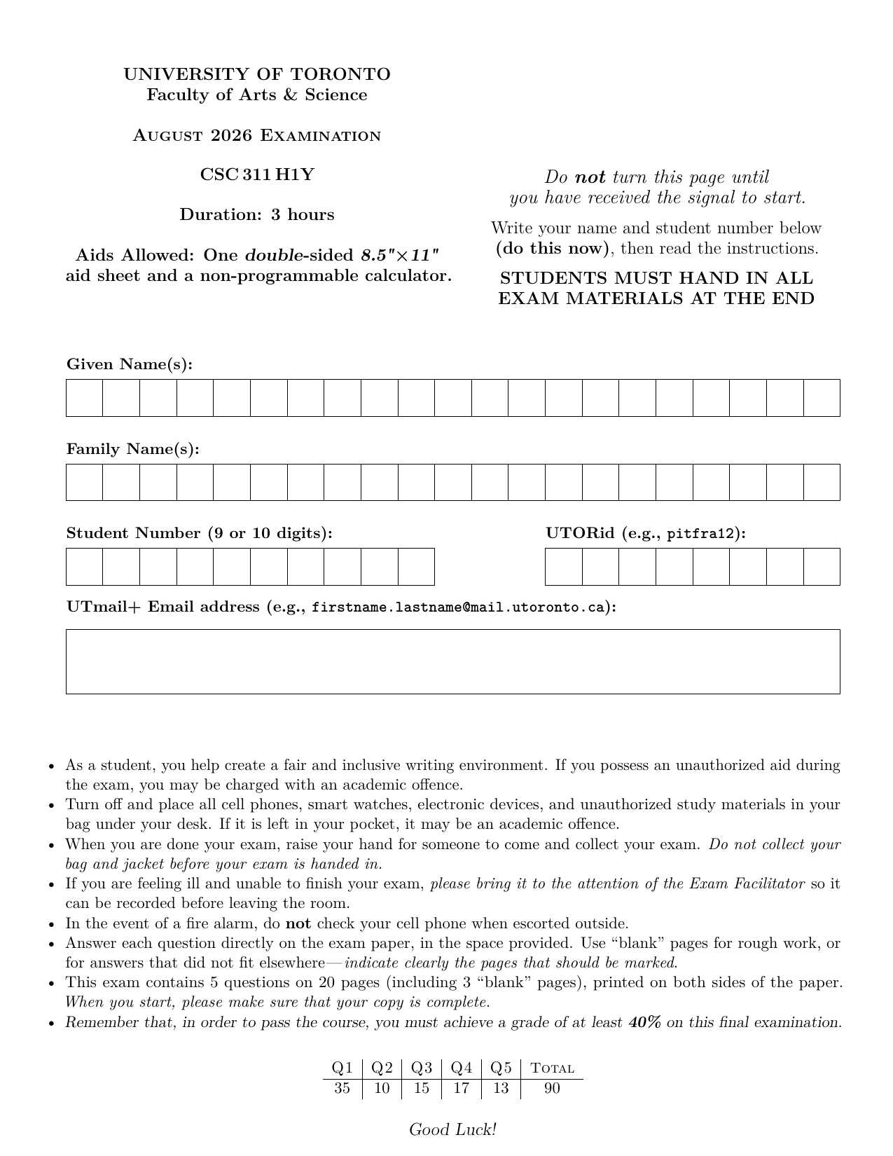 The first page of our final exam